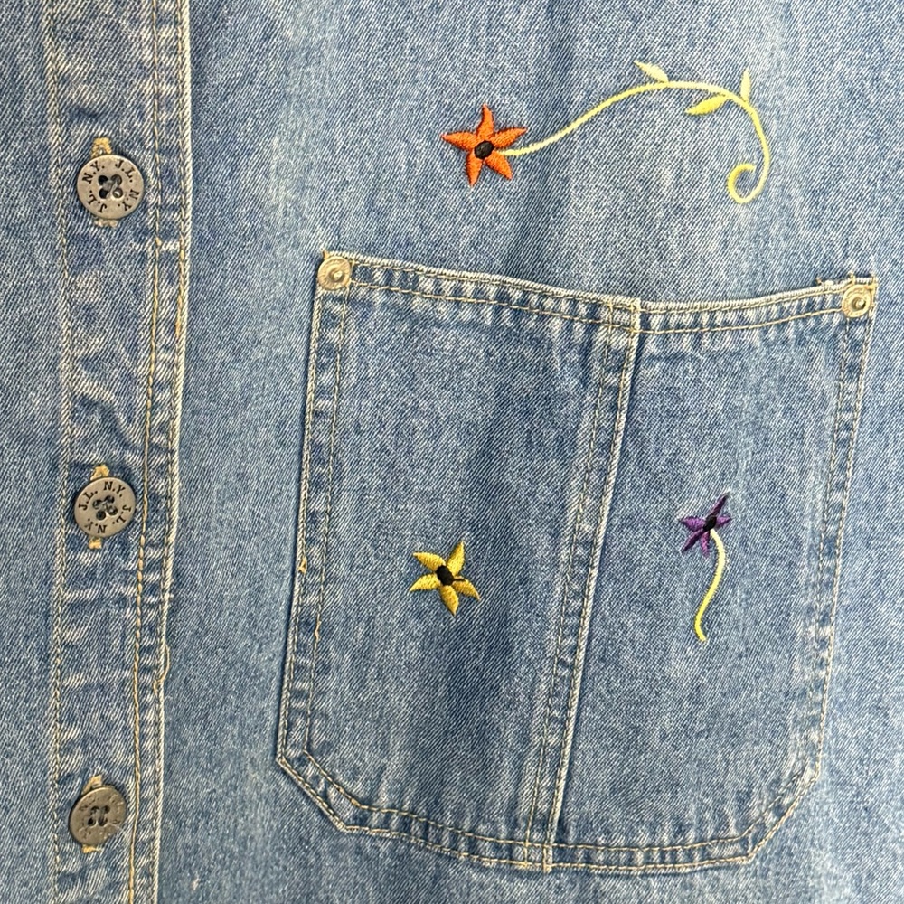 VTG Denim Button Front Floral Embroidered Boxy Dress Size 2X V-Neck Knee Length - Picture 8 of 10